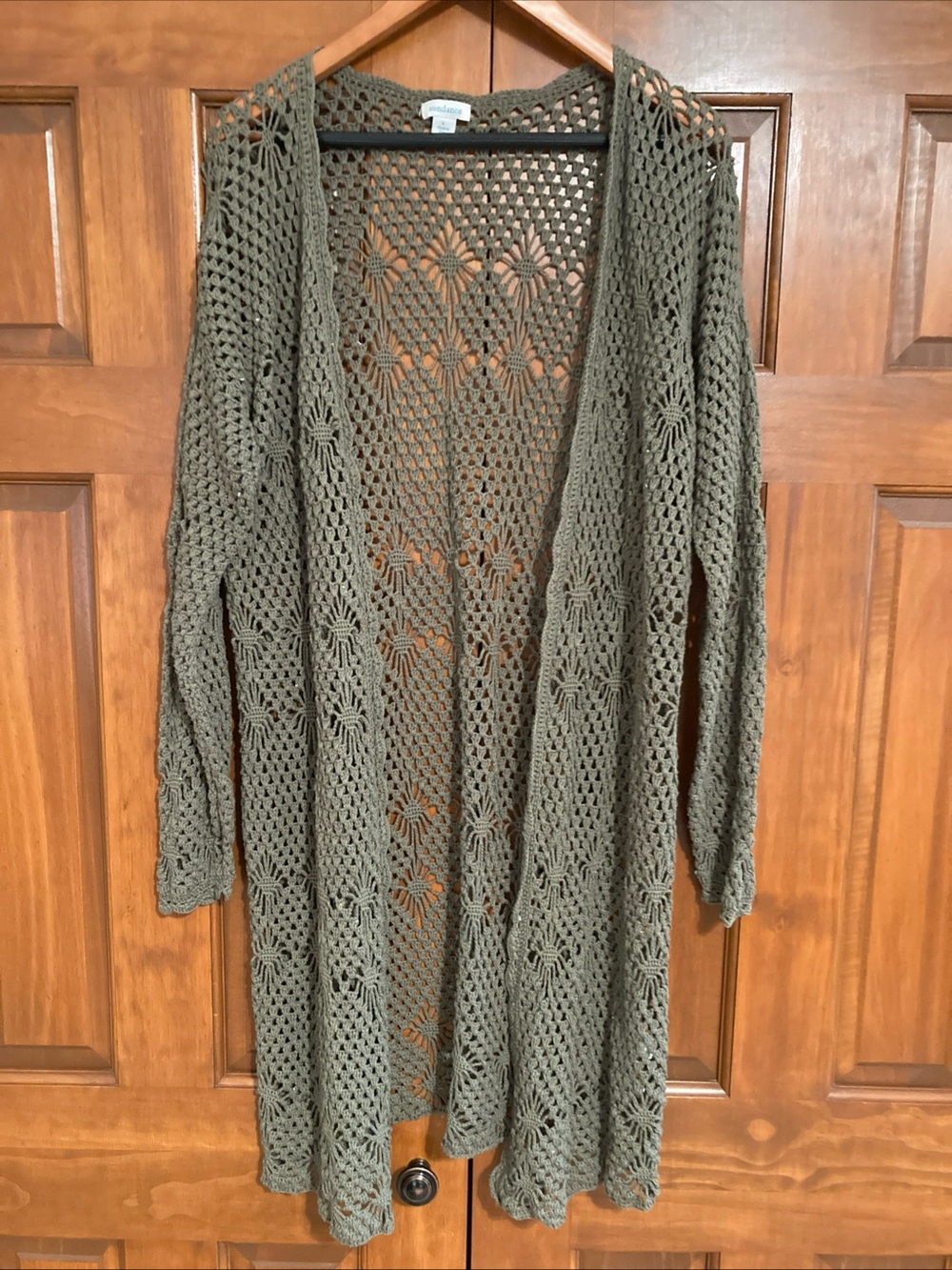 Sundance Olive green Aria Crochet Open long line Cardigan duster women’s large